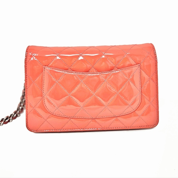 Authentic Chanel WOC Classic Wallet On Chain Patent Quilted Coral SHW - Picture 3 of 11